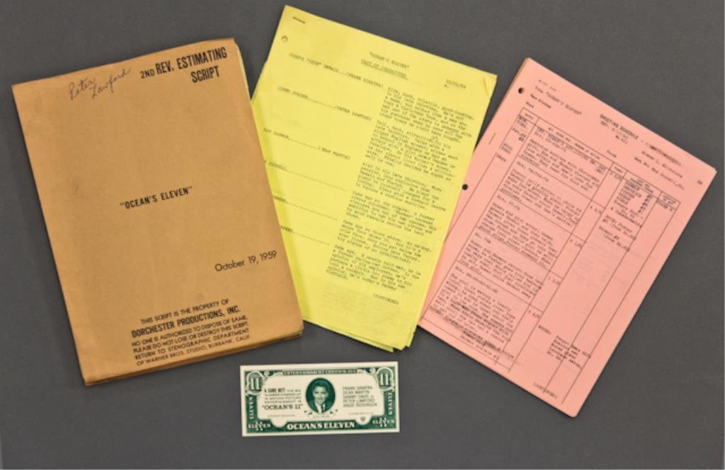 "Ocean's 11" Cast and Shooting Schedule: "Ocean's 11" Cast of Characters dated October 21, 1959 5pp., Shooting Schedule dated February 17, 1960 21pp., promotional "Ocean's Eleven" 11 dollar bill, Peter Lawford's brass-fastened "Ocean's 11" 2