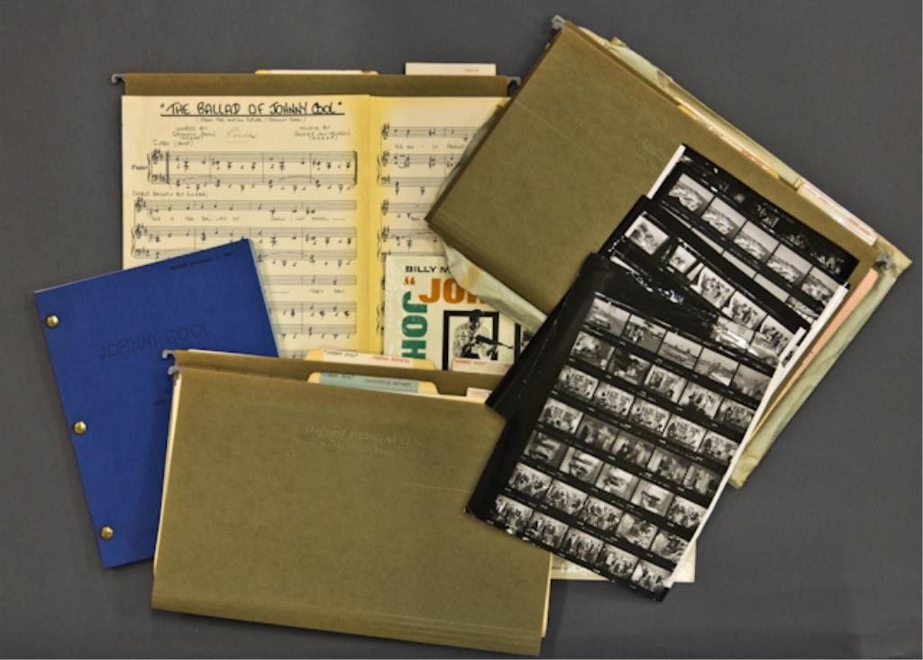"Johnny Cool" Film, Prop and Production: (Files) entitled Film, Camera Reports, Production Reports, Sound Logs and Props totalling 1 1/4 inch deep. (5) 8 x 10 inch proof sheets of "Johnny Cool" scene stills (1) creased). (1) New "Johnny Cool