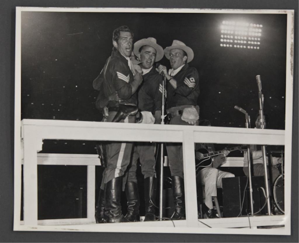 "Sergeants 3" 1962: (1) 8 x 10 inch photograph of cast members Frank Sinatra, Dean Martin and Peter Lawford on the set of "Sargeants 3". "Sargeants 3" was the last movie in which the "Rat Pack" appeared with Peter Lawfor