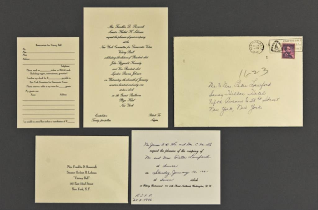 Mr. and Mrs. Lawford Invitations, 1961: (1) Engraved invitation in its original envelope to attend the "New York Committee for Democratic Voters Victory Ball Celebrating the election of President-elect John Fitzgerald Kennedy", January 11, 