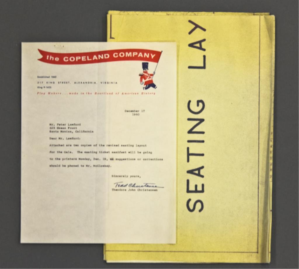 John F. Kennedy's Political Inaugural Gala 1961: (1) Blueprint for "Seating Layout....1961 Inaugural, Barron Hilton, Chairman" 36 x 54 inches, (1) page letter from the Copeland Company describing the revised seating layout dated December 17, 1960.