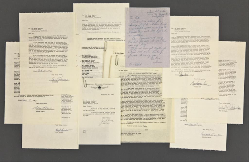 (7) Signed Letters of Release: (7) typed letters to Peter Lawford from Goodman Ace, Leonard Gershe, Jack Rose, Mel Shavelson, Hugh Lambert, Norman Corwin and Tom Hansen agreeing to permit their "material" to be reproduced for the b