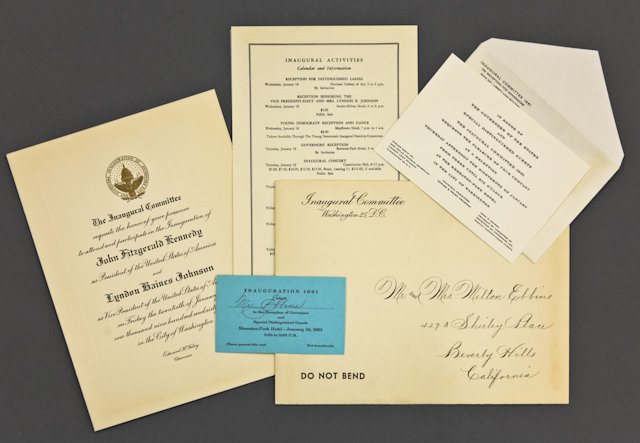 John F. Kennedy Inauguration Invitation: (1) Inaugural Committee package of Inaugural Activities addressed to Mr. and Mrs. Milton Ebbins, including a non-personalized engraved invitation to the Inauguration of John F. Kennedy and Lyndon Bain