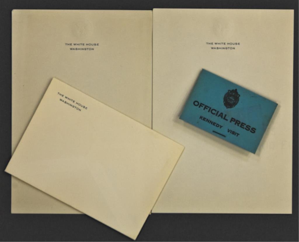 Presidential Stationary and Press Pass: (2) sheets of blank notepaper with "The White House Washington" letterhead embossed with the Seal of the President and (1) companion envelope, together with an "Official Press Kennedy Visit" card in a