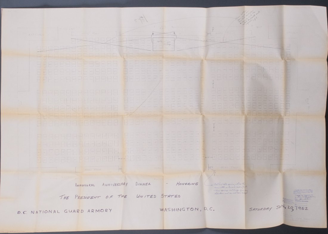 Anniversary Dinner Seating: (1) Seating floor plan designed by Architect Theodore Christensen for the "Inaugural Anniversary Dinner Honoring the President of the United States." 36 x 53 inches.