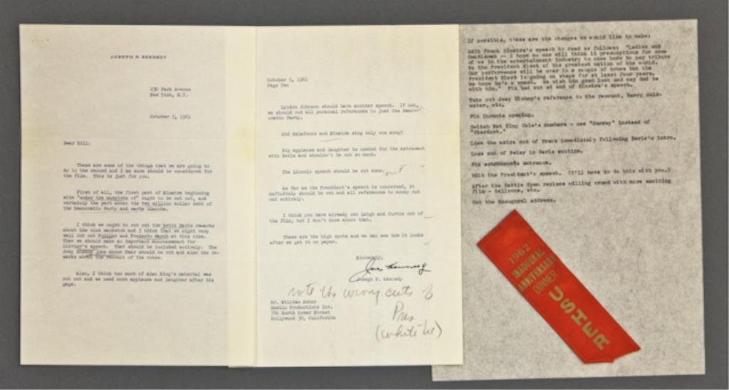 Joseph P. Kennedy Signed Letter: (2) Page typed letter to William Asher from Joseph P. Kennedy regarding the recording of the Gala dated October 5, 1961 and signed Joe Kennedy, (1) page of typed notes on changes to be made for the re