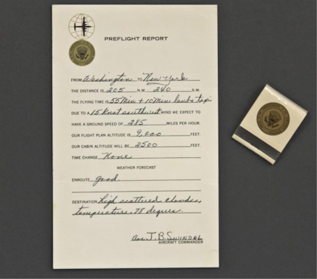 Air Force One Keepsakes: (1) Air Force One preflight report for a flight from Washington to New York, "Aboard the Presidential Aircraft", together with an unused Air Force One book of matches.