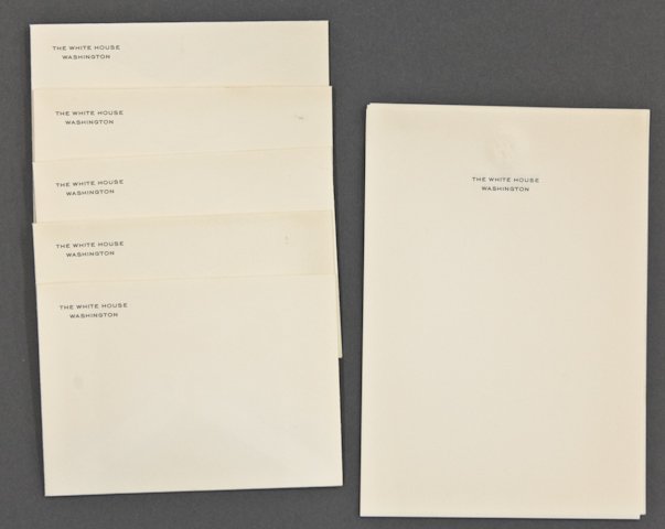 Presidential Stationary: (5) unused sheets of note paper embossed with the Seal of the President and engraved "The White House Washington". Together with (5) matching envelopes engraved with "The White House" return address.