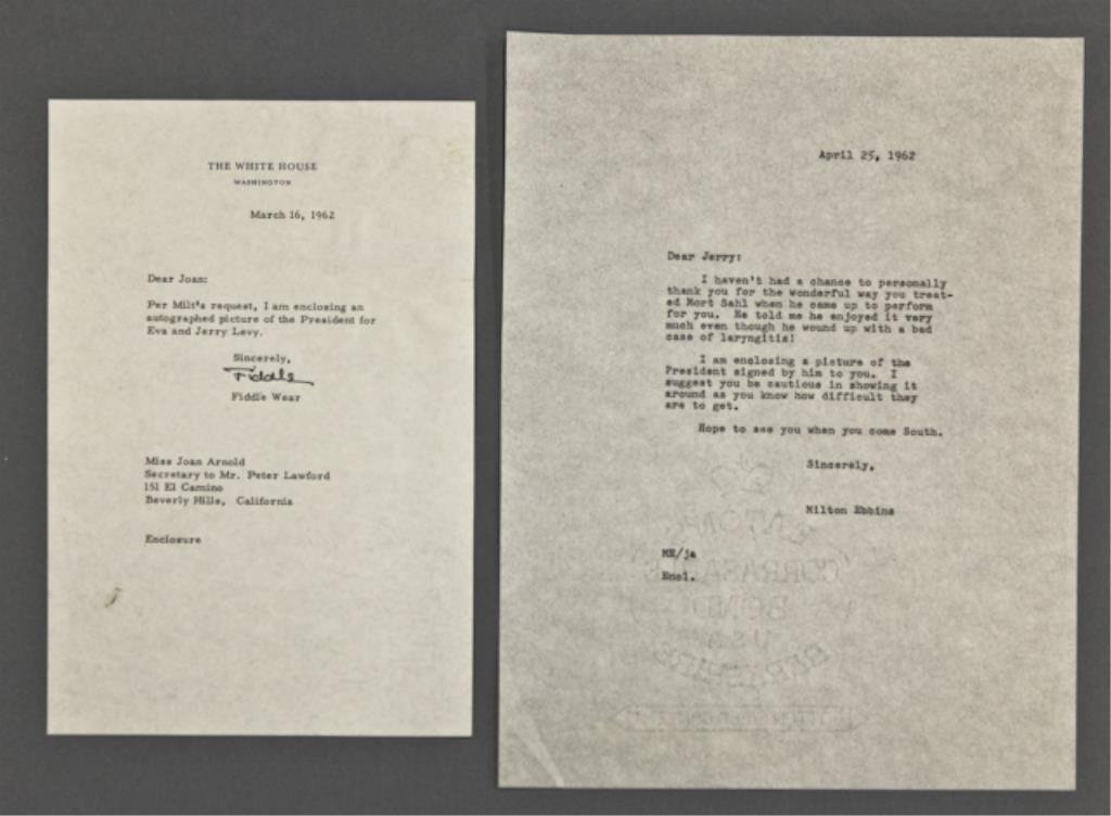 President Intern Priscilla Wear "Fiddle": (1) Typed note on White House letterhead to Joan Arnold (Peter Lawford's secretary) regarding a John F. Kennedy autographed picture, signed "Fiddle" (Priscilla Wear) dated March 16, 1962, together wit