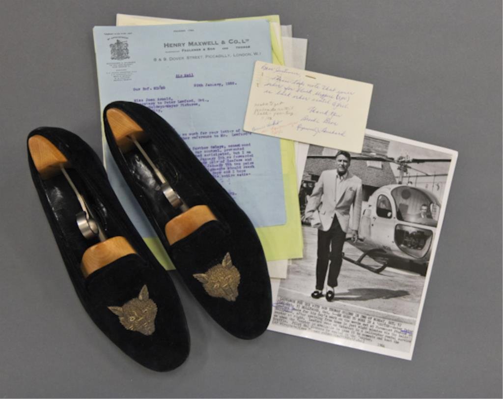 Peter Lawford's Personal Wardrobe: (1) Pair of black velveteen leather-soled bespoke slippers with metallic gold-thread embroidered fox #158619EU, original stays handmade by Maxwell Dover Street, London, (1) 8 x 10 inch photograph of P