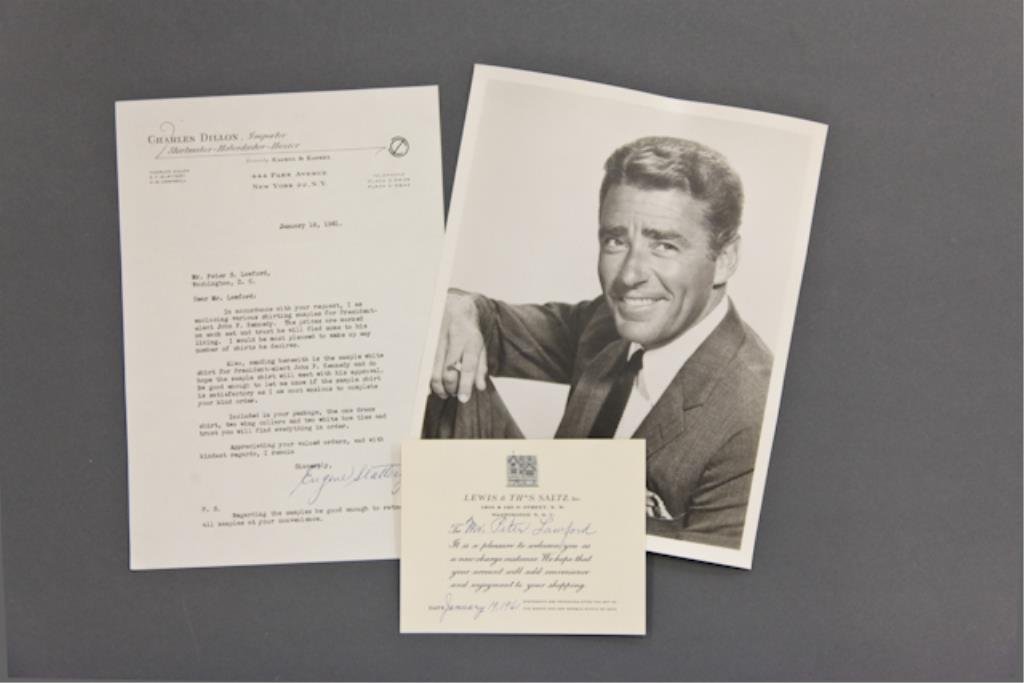 Shirt Samples for President-elect Kennedy: (1) Typewritten letter on Charles Dillon letterhead to Peter Lawford informing him that enclosed are various shirting samples for President-elect John F. Kennedy together with dress shirt, two wing co