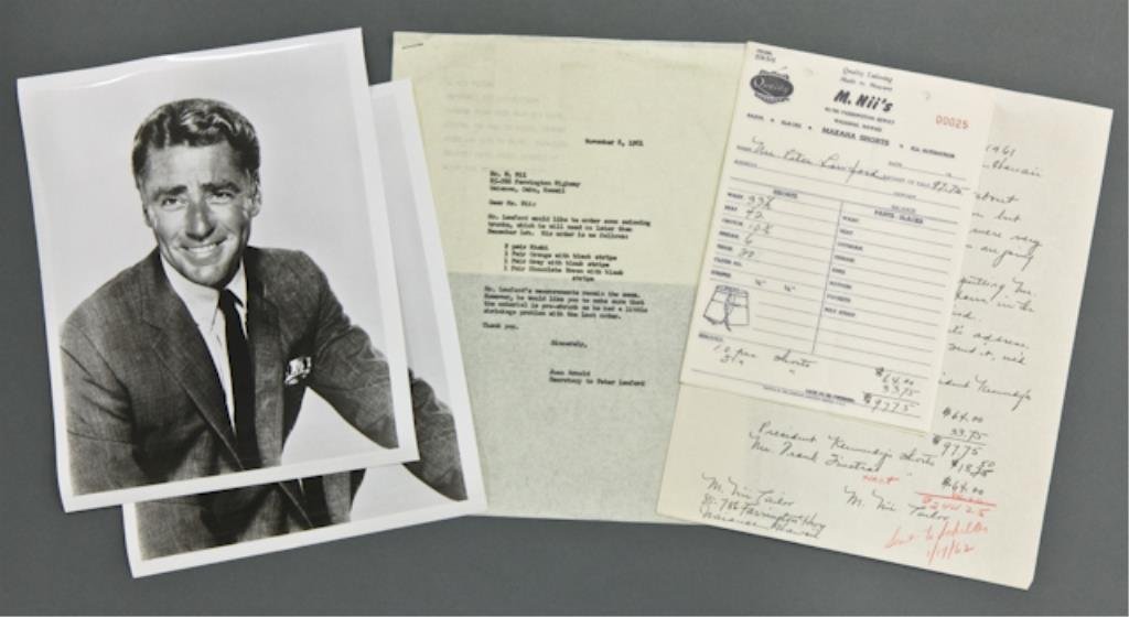 President Kennedy, Lawford, Sinatra Hawaiian Short: (8) Hawaiian correspondence including sales slips from M. Nii's for Makaha Shorts (including (4) pair of shorts for, Frank Sinatra, John F. Kennedy, Peter Lawford, and Mr. Hart, includes measurements 