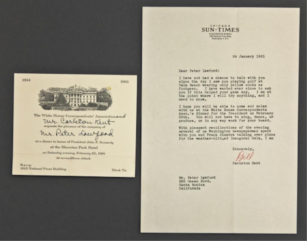White House Correspondents' Dinner: (1) Typed letter on Chicago Sun-Times letterhead to Peter Lawford inviting Lawford to the White House Correspondents Association Dinner in honor of John F. Kennedy, signed "Bill" (Carleton Kent) and d