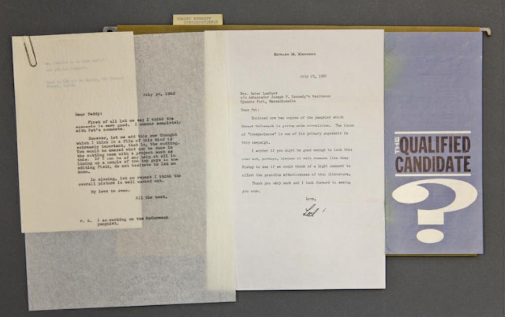 Ted Kennedy Campaign and Signature: (1) Typewritten note on Edward M. Kennedy letterhead to Peter Lawford asking that he and Joey Bishop give thought to countering claims of Ted's inexperience. Together with the Edward McCormack, Jr., p