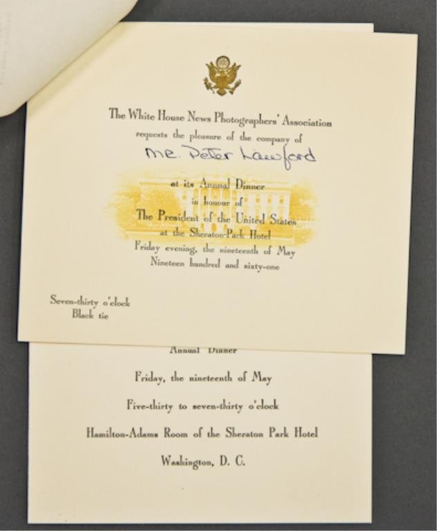 LIFE Magazine Invitation to White House: (1) Typewritten and signed letter from Henry Suydam on "Life" stationary inviting Peter Lawford to the White House News Photographers dinner in honor of President Kennedy on May 19, 1961, together wit