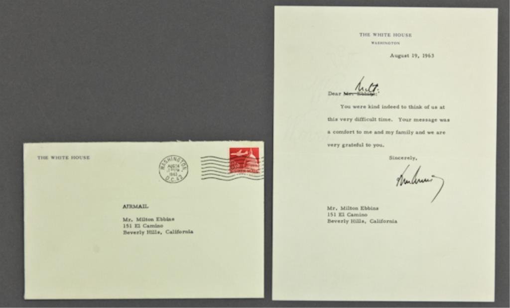John F. Kennedy Signed Note After Death of Son Pat: (1) Typed note on White House Washington letterhead to Milt Ebbins thanking "Milt" for thinking of "us" (the Kennedys) "during this very difficult time". Signed John F. Kennedy and dated August 19, 19