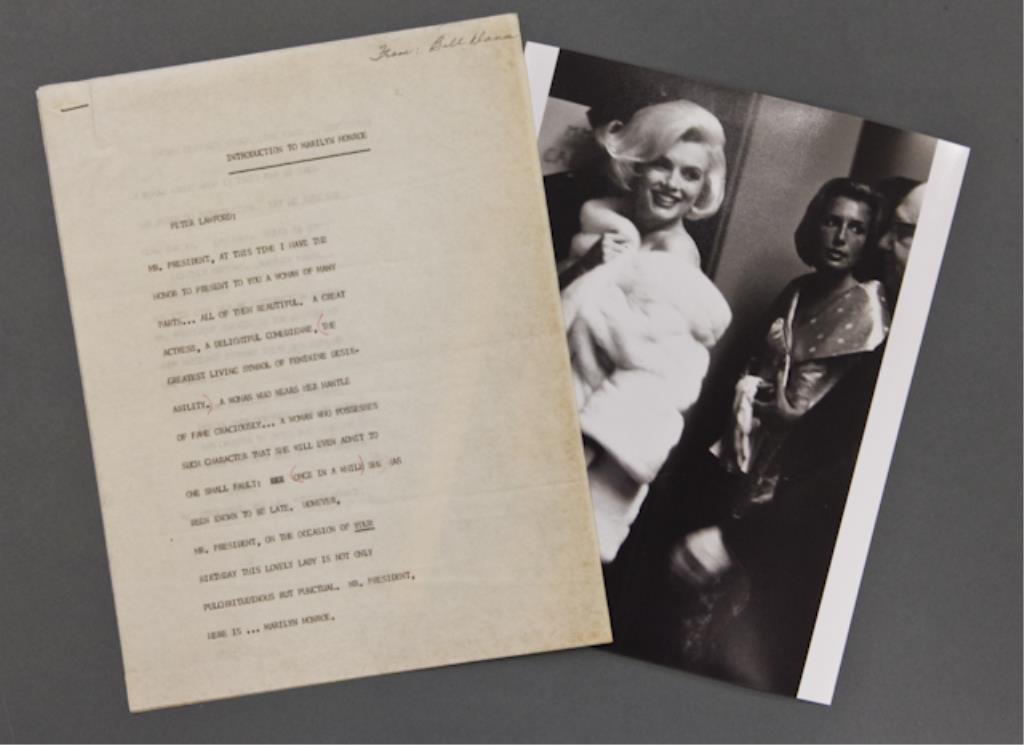 John F. Kennedy's Famous Birthday- Marilyn Monroe: Peter Lawford's personal copy of the (2) page typewritten introduction he gave to Marilyn Monroe on May 19th, 1962 at Madison Square Garden. During the introduction Peter Lawford refers to Mr. Preside