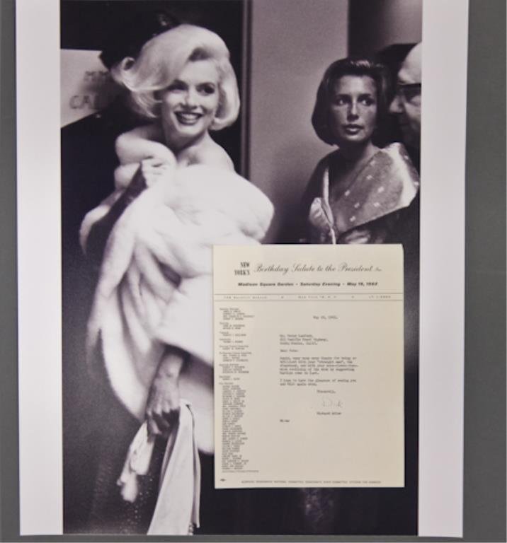 President Kennedy's Famous Birthday- Marilyn Monro: Typewritten note to Peter Lawford on "New York's Birthday Salute to the President" letterhead thanking Peter Lawford for being so "brilliant with your straight man, the stagehand routine...." and "...
