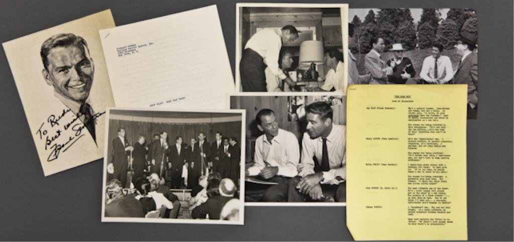 Frank Sinatra Autographed Photo: (1) 8 x 10 inch promotional photograph portrait of Frank Sinatra inscribed "To Rudi, Best Wishes, Frank Sinatra", (3) 8 x 10 inch photographs with Frank Sinatra, Peter Lawford, Dean Martin, Sammy Davi