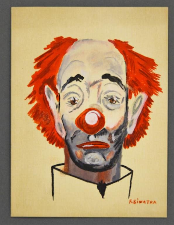 Frank Sinatra Signed Painting: (1) Hand Painted Christmas Card (late 1950's) of a clown signed F. Sinatra with printed interior greeting "A Jolly Christmas, Frank Sinatra" 8 x 6 inches. This card was especially painted for, and sen