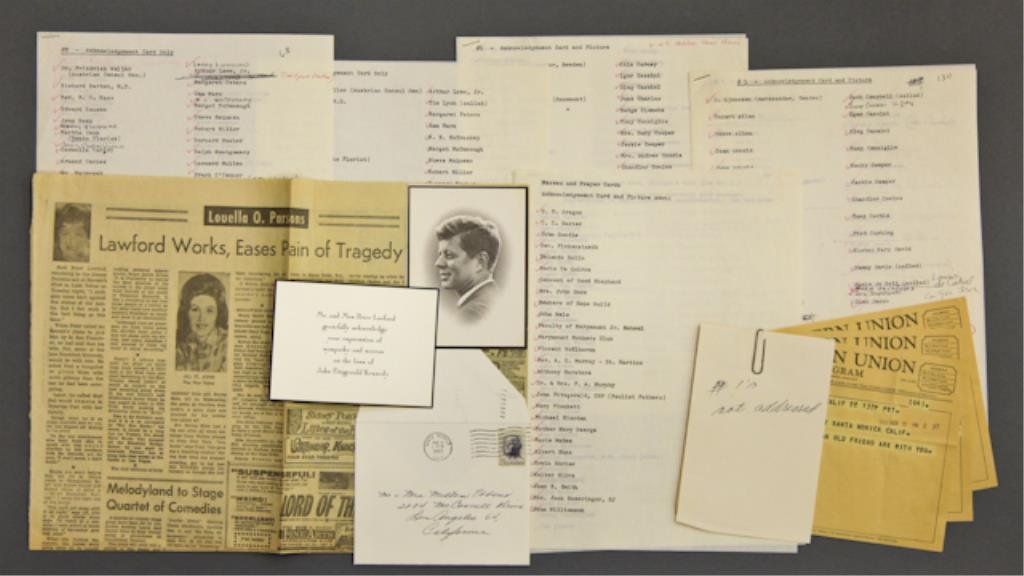 Mr. and Mrs. Peter Lawford Thank You: (1) Unsent engraved thank you card, tissue and envelope to those offering condolences on the loss of John F. Kennedy. (1) John F. Kennedy Mass Card, together with approximately (10) telegrams to the L