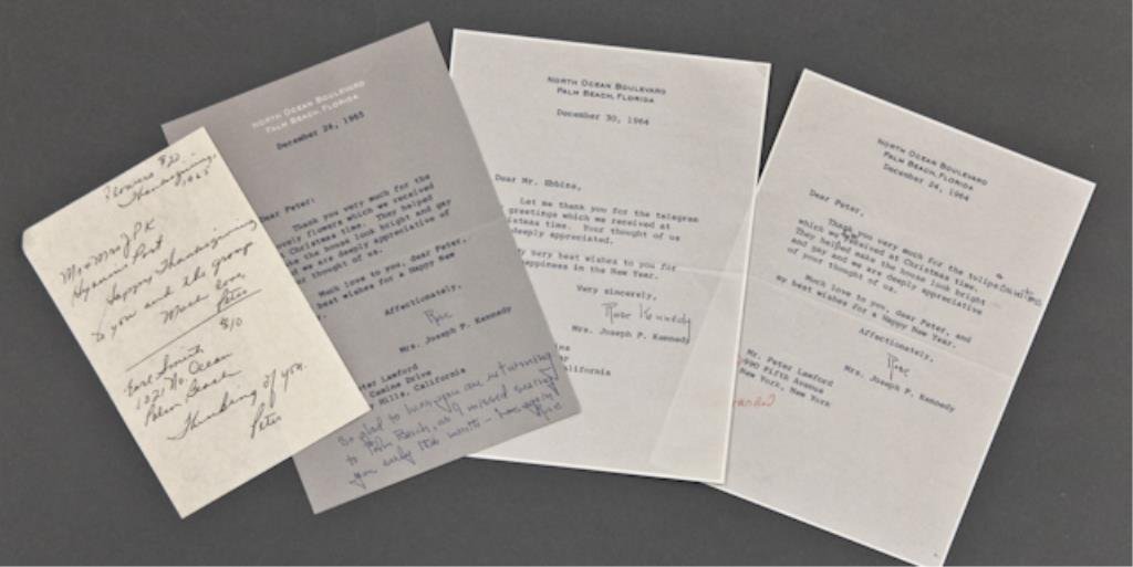 Rose Kennedy Signed Notes: (3) Typewritten notes on Palm Beach, Florida note paper thanking Peter Lawford for flowers and a Christmas telegram (2) signed "Rose", with (1) having a post script in Rose's hand "so glad to hear you