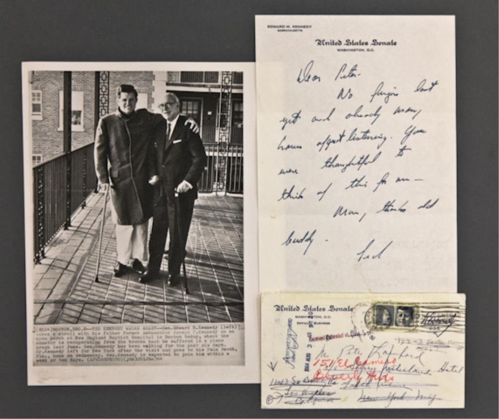 Ted Kennedy Signed Note: (1) Handwritten note on United States Senate letterhead thanking Peter Lawford for a gift signed "Ted" with original United States Senate franked Kennedy envelope cancelled August 3, 1964. (1) 8 x 10 