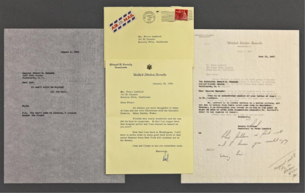 Ted Kennedy Signed Note: (1) Typewritten note on United States Senate engraved stationary thanking Peter Lawford for flowers during Christmas signed "Ted Kennedy" and dated January 18, 1965 with original Edward M. Kennedy Uni