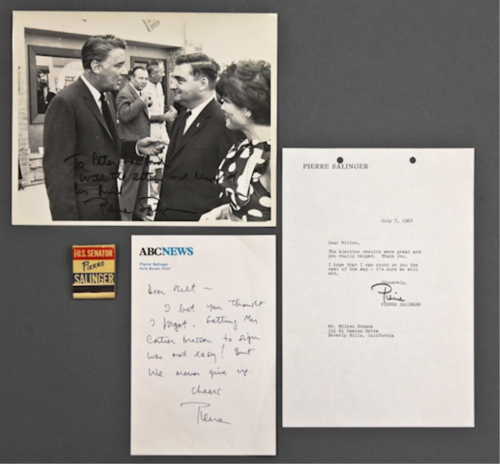 Pierre Salinger Signed Letter Note Photo: (1) Handwritten note on ABC News note paper which probably accompanied a gift, (1) "Merry Christmas" gift tag signed "To Milt with Love Nicole and Pierre", (1) typewritten note on Pierre Salinger pers