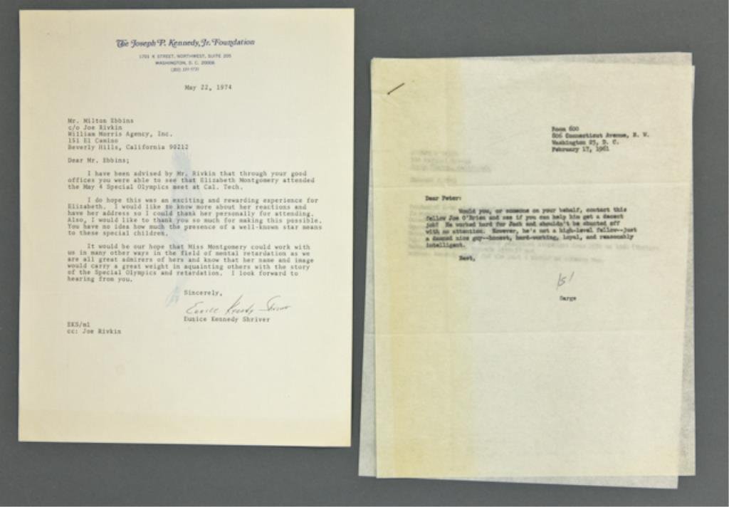 Eunice and Sargent Shriver Signed Letters: (1) Typewritten, hand signed letter from Eunice Shriver to Milt Ebbins dated May 22, 1974, thanking him for Elizabeth Montgomery's attendance at the May 4, Special Olympics, (1) Typewritten letter to�