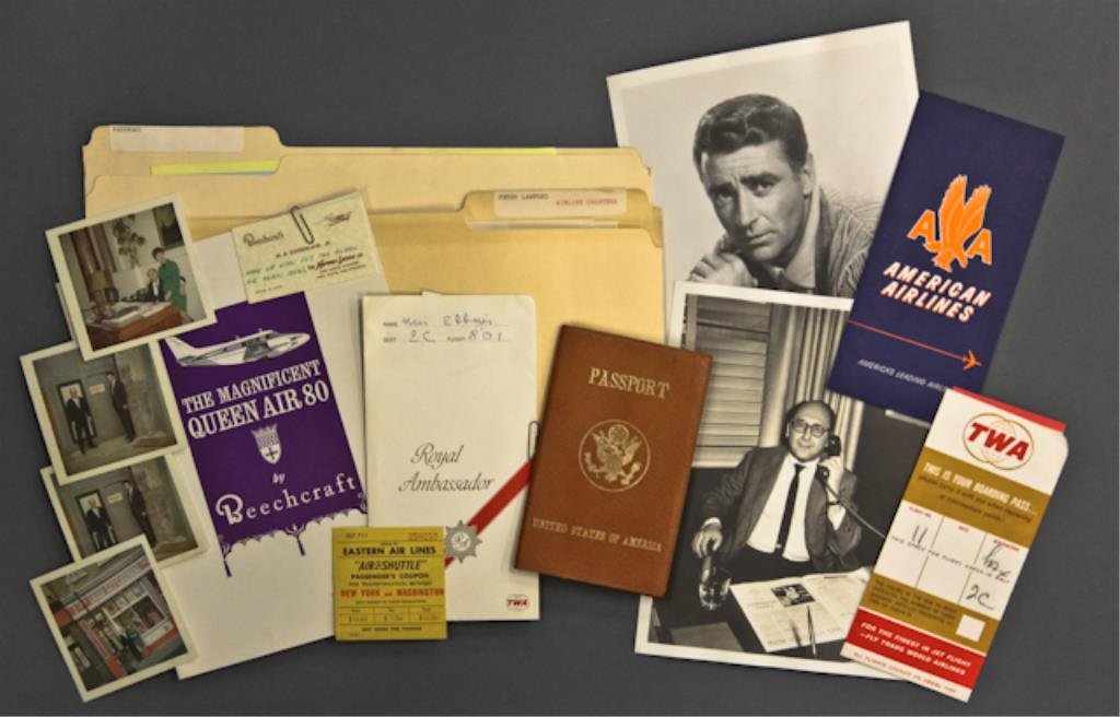 Peter Lawford "Travels": (Files) concerning travel itineraries, maps, boarding passes, jetliner schedules and informational pamphlet for "Cover Leaf Aviation" and the "Queen Air 80", (File) with Milton Ebbins passport, 8 x 10