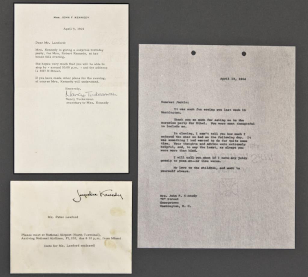 Jackie Kennedy Party Invitation: (1) Typewritten note on Mrs. John F. Kennedy mourning stationary with the original Jacqueline Kennedy franked envelope from Nancy Tuckerman (secretary to Mrs. Kennedy) inviting Peter Lawford to a surp