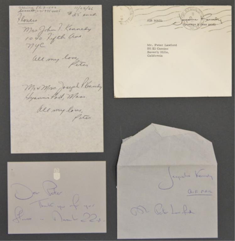 Jackie Kennedy Signed Note and Envelope: (1) Handwritten note on stationary embossed with the Kennedy coat of arms with original coordinated blue envelope signed "Jacqueline Kennedy" air mail inside a larger white envelope franked Jacqueline