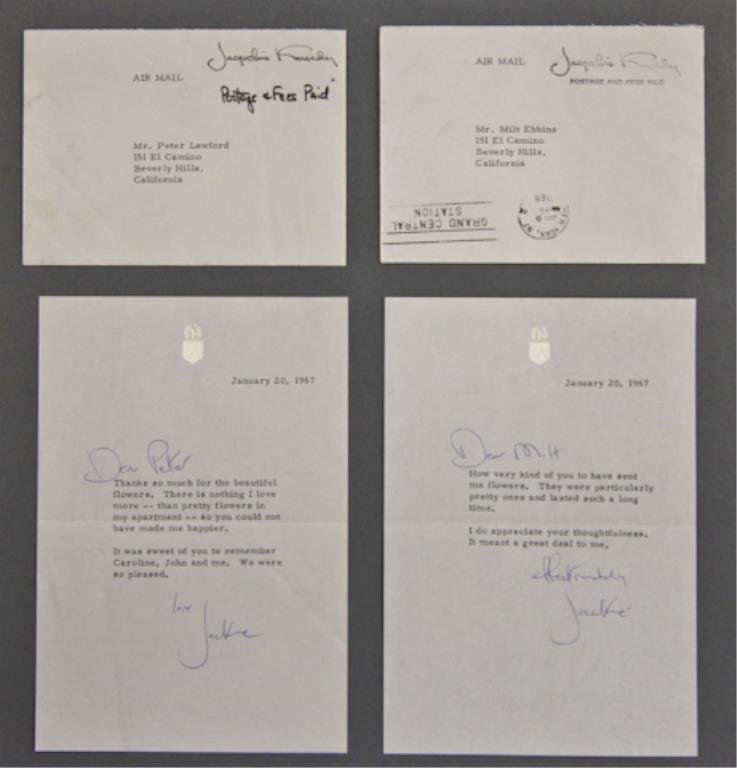 (2) Jackie Kennedy Signed Notes: (2) Typewritten notes on stationary embossed with the Kennedy coat of arms and with the original envelopes franked Jacqueline Kennedy each thanking Peter Lawford and Milton Ebbins for flowers. Each si