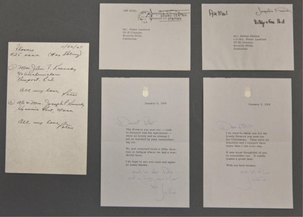 (2) Jackie Kennedy Signed Notes: (2) Typewritten notes on stationary embossed with the Kennedy coat of arms and with the original envelopes franked Jacqueline Kennedy each thanking Peter Lawford and Milton Ebbins for flowers. Signed 