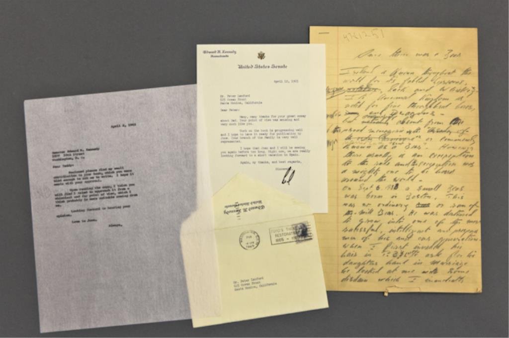 "Ted" Kennedy Signed Note & Lawford Essay: (4) Page handwritten essay about Joseph P. Kennedy entitled "Once There Was a Bear" by Peter Lawford in his own hand. (1) Typewritten letter to "Ted" Kennedy describing the essay which was ultimately 