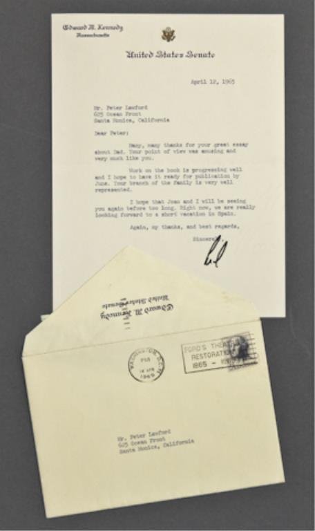 Jean Kennedy Signed Note: (1) Handwritten note on personalized notepaper from Jean Kennedy to Peter Lawford thanking him for the "article on Daddy", "signed Love and xx's Jean". (1) Typewritten letter to Mr. and Mrs. Smith des