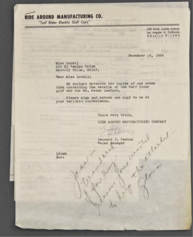 Frank Sinatra Golf Cart Material: Order forms, invoices and sales receipt from the Ride Around Manufacturing Co. "Turf Rider Electric Golf Cars" to Peter Lawford for a Golf Cart that was delivered to Frank Sinatra, Palm Springs in 195