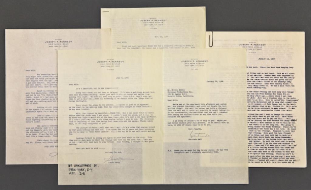 Office of Joseph P. Kennedy Letters: (5) Letters (mostly personal in content) to Milton Ebbins from Grace Perry and Gertrude Ball on Joseph P. Kennedy stationary dating between January 1966 and August 1967.