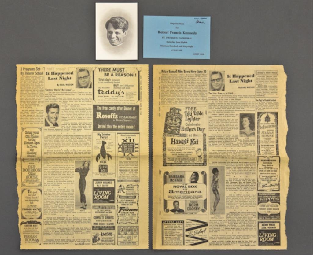 Robert F. Kennedy Funeral Mass Card: (1) Robert F. Kennedy Mass Card. (1) Requiem Mass admittance card for Robert Francis Kennedy June 8, 1966, together with (2) "It Happened Last Night" Earl Wilson columns regarding films and politics d
