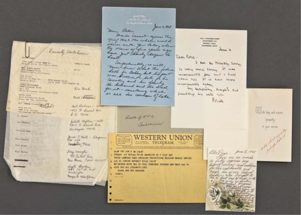 Sympathy Cards and Letters of Condolences: Approx. (14) handwritten notes, cards and telegrams to Peter Lawford offering sympathy for his loss of Robert Kennedy. Condolences include those from Clara and Roy Marcher, Nick, Marion B., Arlington