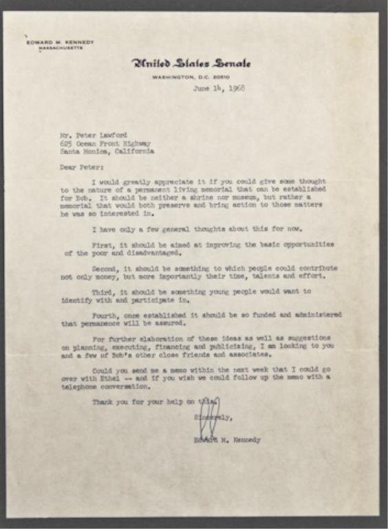 "Ted" Kennedy Signed Letter: (1) Typewritten letter on United States Senate letterhead to Peter Lawford regarding a permanent living memorial for "Bob" signed "Ted" (Edward M. Kennedy) dated June 14, 1968.