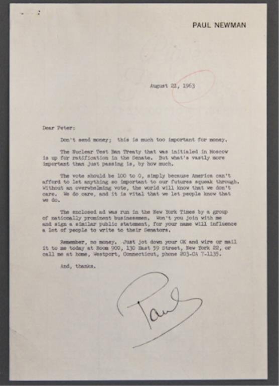 Paul Newman Signed Note: (1) Typewritten note on personalized note paper to Peter Lawford lobbying for "The Nuclear Test Ban Treaty". Signed "Paul" and dated August 21, 1963.