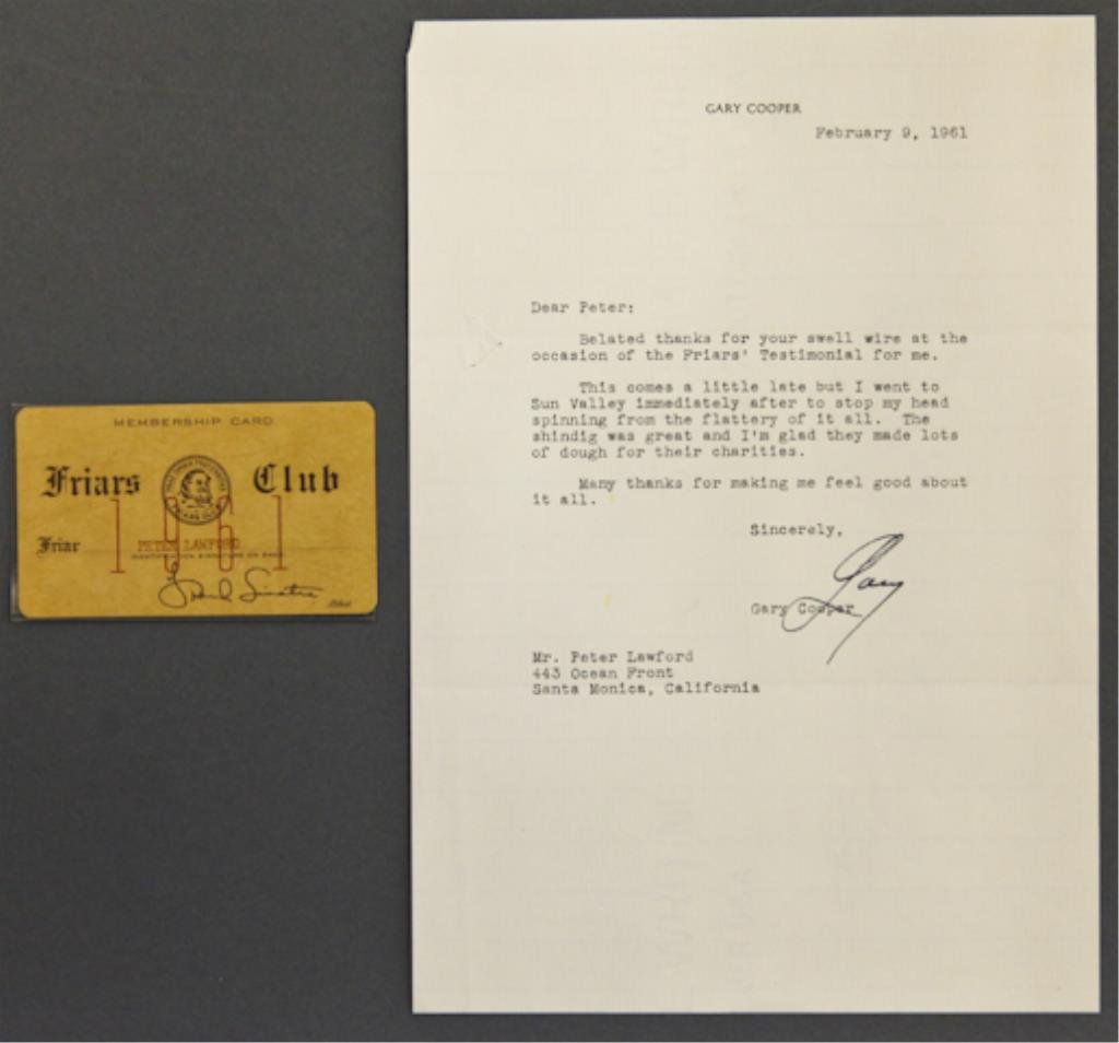 Gary Cooper Signed Note & Friars Club Card: (1) Typewritten note on personalized note paper thanking Peter Lawford for the "wire at the occasion of the Friars' Testimonial" signed "Gary" dated February 9, 1961. (1) Friars Club Membership Card b