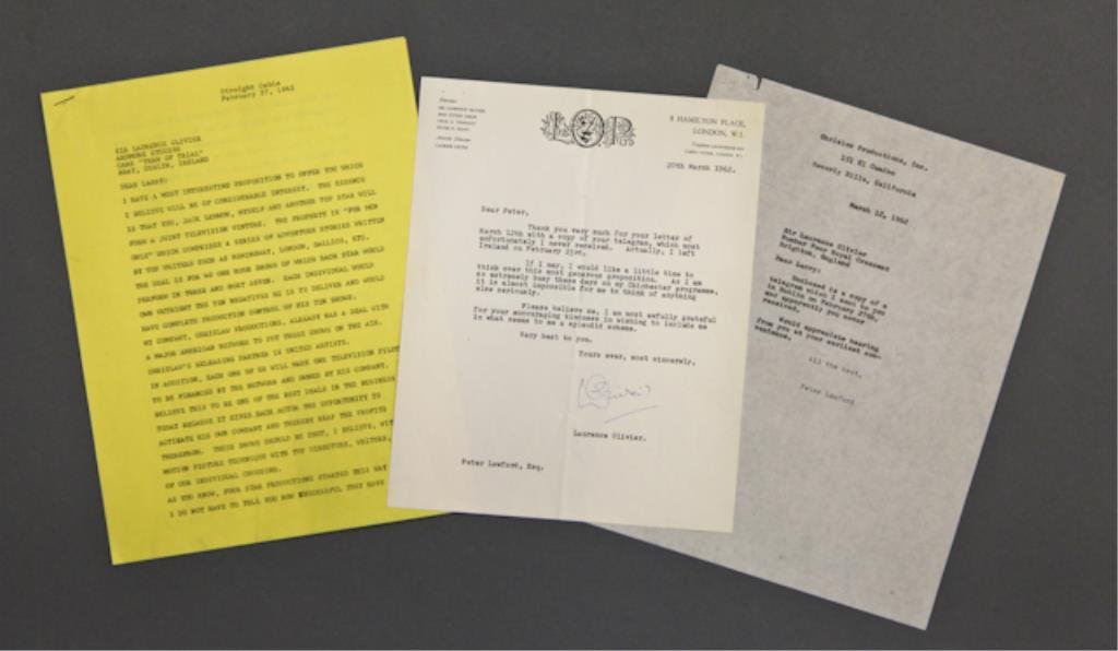 Laurence Olivier Signed Letter: (1) Typewritten letter on LOP (Laurence Olivier Productions) letterhead responding to a telegram Peter Lawford sent regarding a Joint Television Venture. Signed "L. Olivier" and dated March 20, 1962,