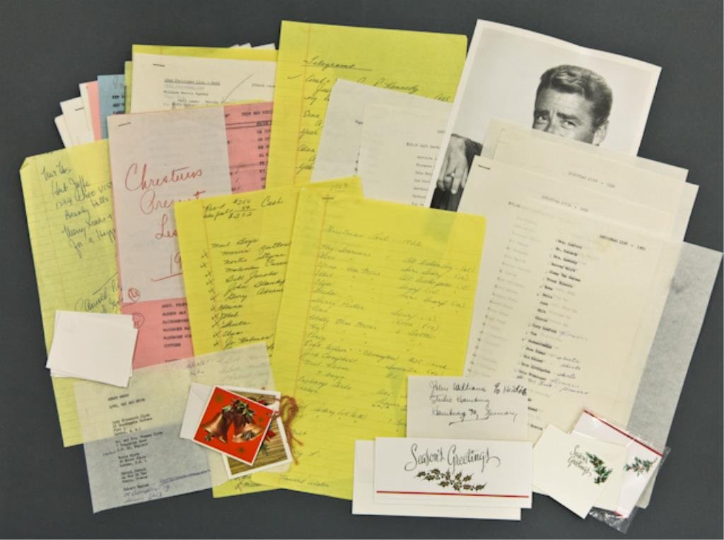 Peter Lawford "Christmas Lists" File: Peter Lawford's personal Christmas Lists including "Cash" for the years 1965, 1966 and 1967 listing seemingly everyone from the mail room to the parking lot attendant working at the William Morris Age