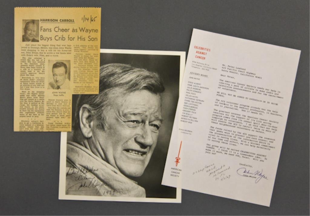 John Wayne Signed Photo and Letter: (1) 8 x 10 inch photograph of John Wayne inscribed and signed "Best Wishes Helen, John Wayne 1979", (1) Letter to Peter Lawford regarding "Celebrities Against Cancer" signed "John Wayne and dated Apri