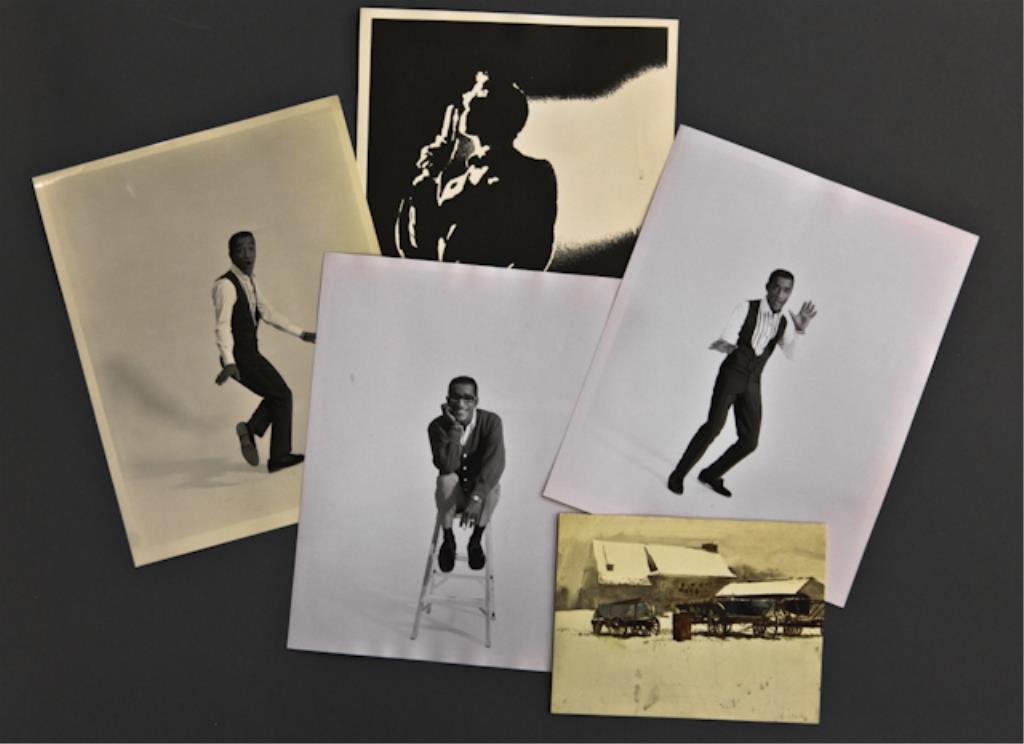 Sammy Davis, Jr. Season's Greetings Card: (1) Printed greeting card "Rural Holiday" by Andrew Wyeth, "Season's Greetings and Best Wishes for the New Year, May and Sammy Davis. (4) 8 x 10 inch photographs of Sammy Davis, Jr. in a photo studio