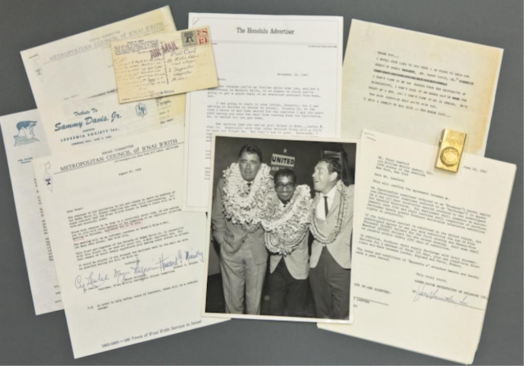 Peter Lawford & Sammy Davis, Jr.: (1) Statue Of Liberty postcard from "Sammy's Guys" (Salt & Pepper movie), (1) 8 x 10 inch photograph of Sammy Davis, Jr. and Peter Lawford, (1) typewritten signed letter from Buck Buchwach to Peter La