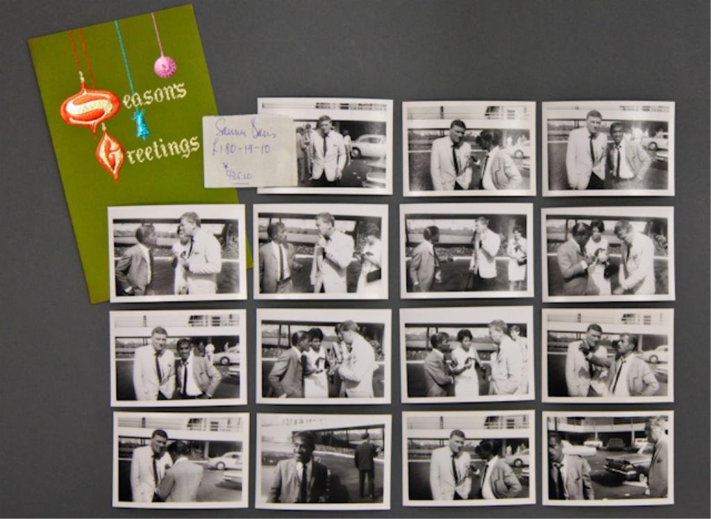 Sammy Davis, Jr., "Greetings" Card: (1) Printed Seasons greetings card "Best Wishes for the Holidays and Happiness throughout the New Year, Sammy Davis, Jr.", together with (15) 2 3/4 x 4 inch candid snap shots of Sammy Davis Jr., and P